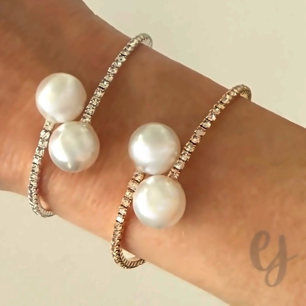2 Open Cuff Bangle Bracelets with Pearl Closure, Silver and Gold Tone